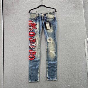 Philipp Plein Women Jeans 26 Blue Denim Strawberry Cheesecake Lips Love NWT
